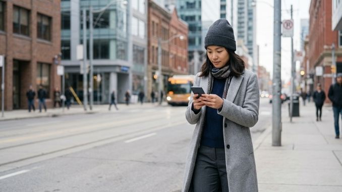 Person using a smartphone outdoors to set up a mobile plan in Canada