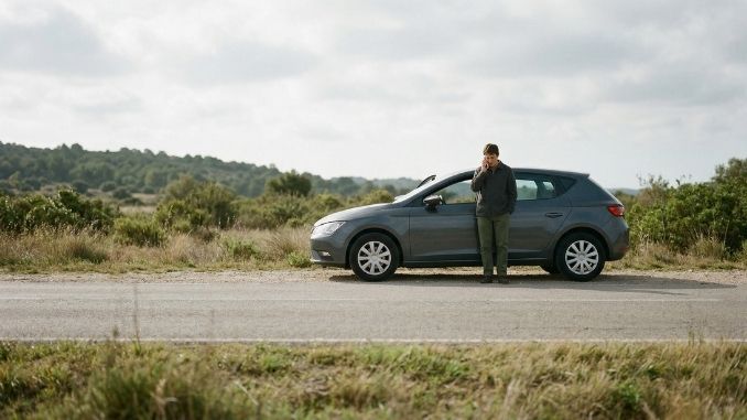 Car stopped on roadside with driver using phone for roadside assistance in Canada