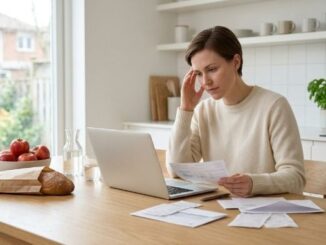 Person reviewing expenses with groceries and bills to understand cost of living in Canada