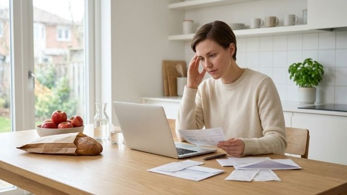 Person reviewing expenses with groceries and bills to understand cost of living in Canada
