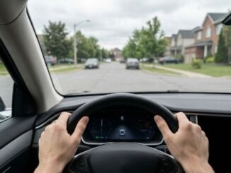 View from inside a car showing hands on the steering wheel while driving in Canada