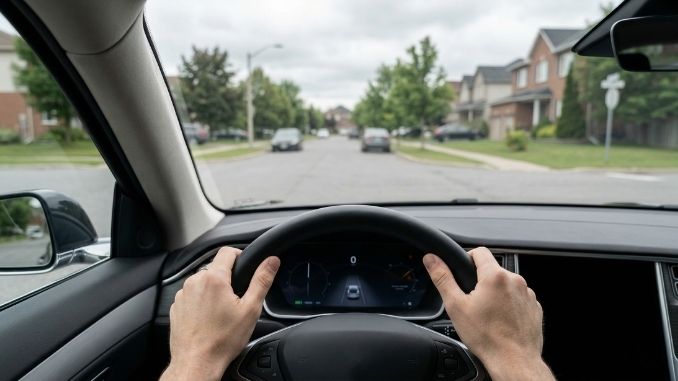 View from inside a car showing hands on the steering wheel while driving in Canada
