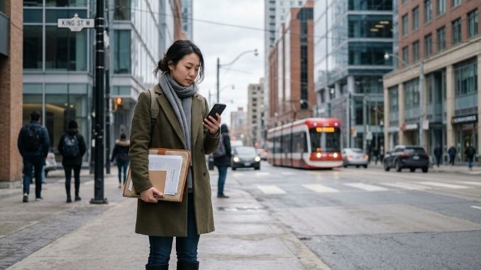 Newcomer standing in a Canadian city planning next steps after arriving in Canada