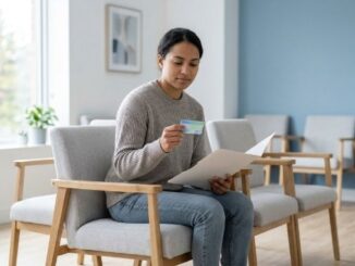 Newcomer sitting in a medical waiting room with documents for healthcare registration in Canada