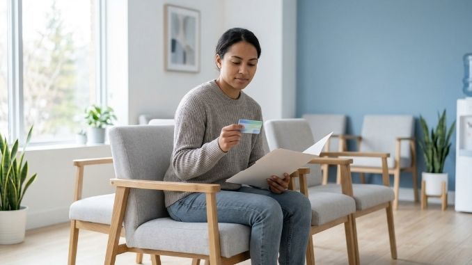 Newcomer sitting in a medical waiting room with documents for healthcare registration in Canada